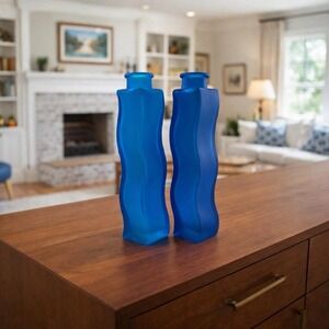 Vintage‎ IKEA Skämt Blue Frosted Glass Bud Vases Set of 2 Wavy 1990s MCM 9"